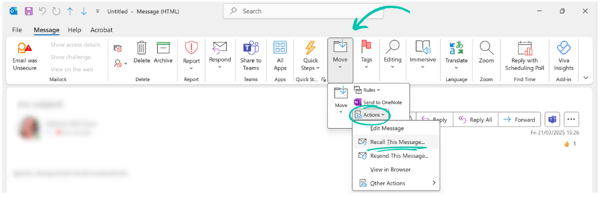 Classic Outlook options for recalling or replacing a sent message