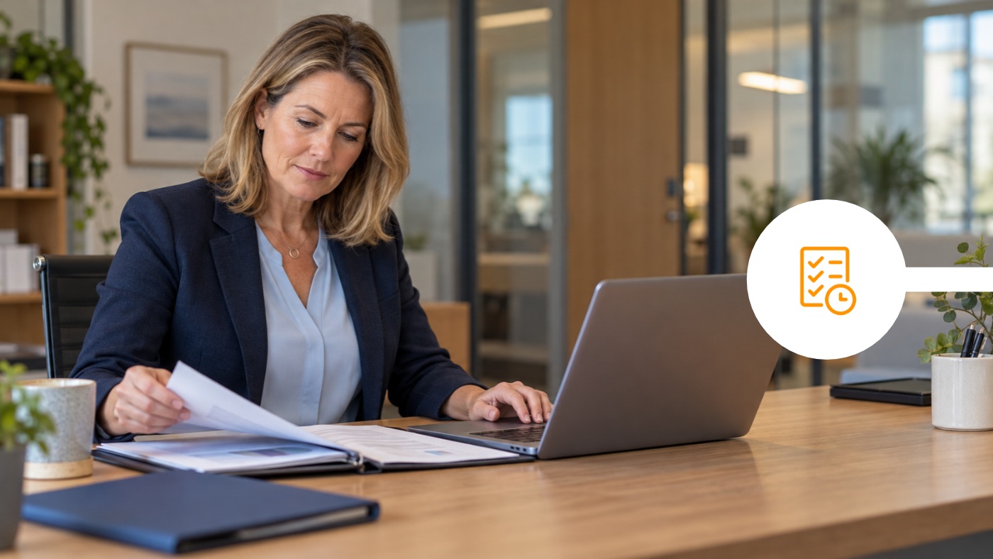 An adviser reviewing a client review pack at a desk, with a laptop open beside the printed papers