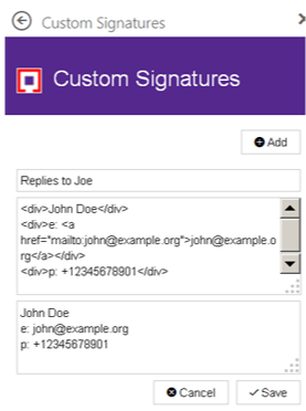 Custom Signatures Outlook add-in screenshot Custom Signatures Outlook add-in screenshot showing multiple signature options