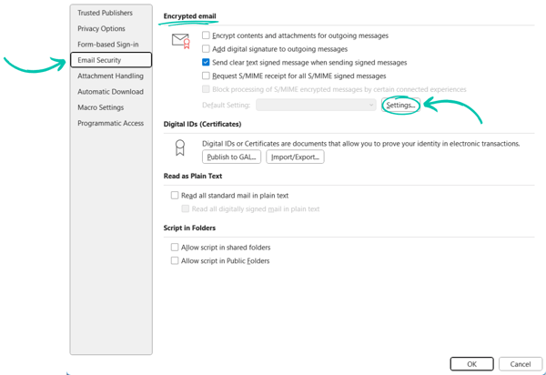 Adding an S/MIME certificate to Outlook Step 3