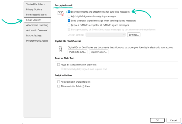 Encrypting all outgoing messages using S/MIME in Outlook