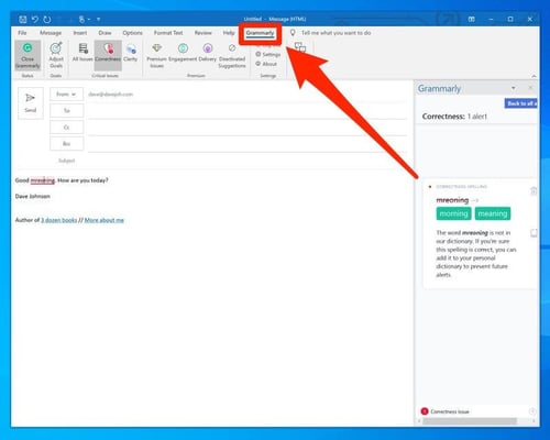 Grammarly Outlook add-in screenshot Grammarly Outlook add-in screenshot showing spelling suggestions in an email draft