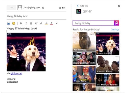 GIPHY Outlook add-in screenshot GIPHY Outlook add-in screenshot showing GIF search results
