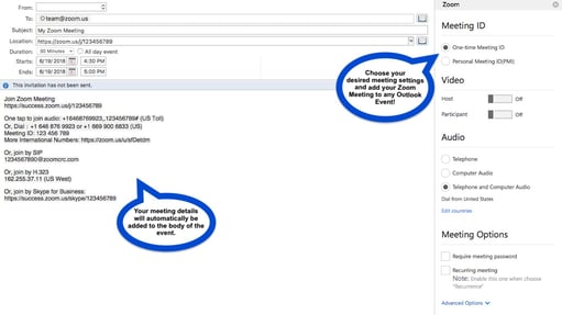 Zoom Outlook add-in screenshot Zoom Outlook add-in screenshot showing meeting details added to a calendar invite