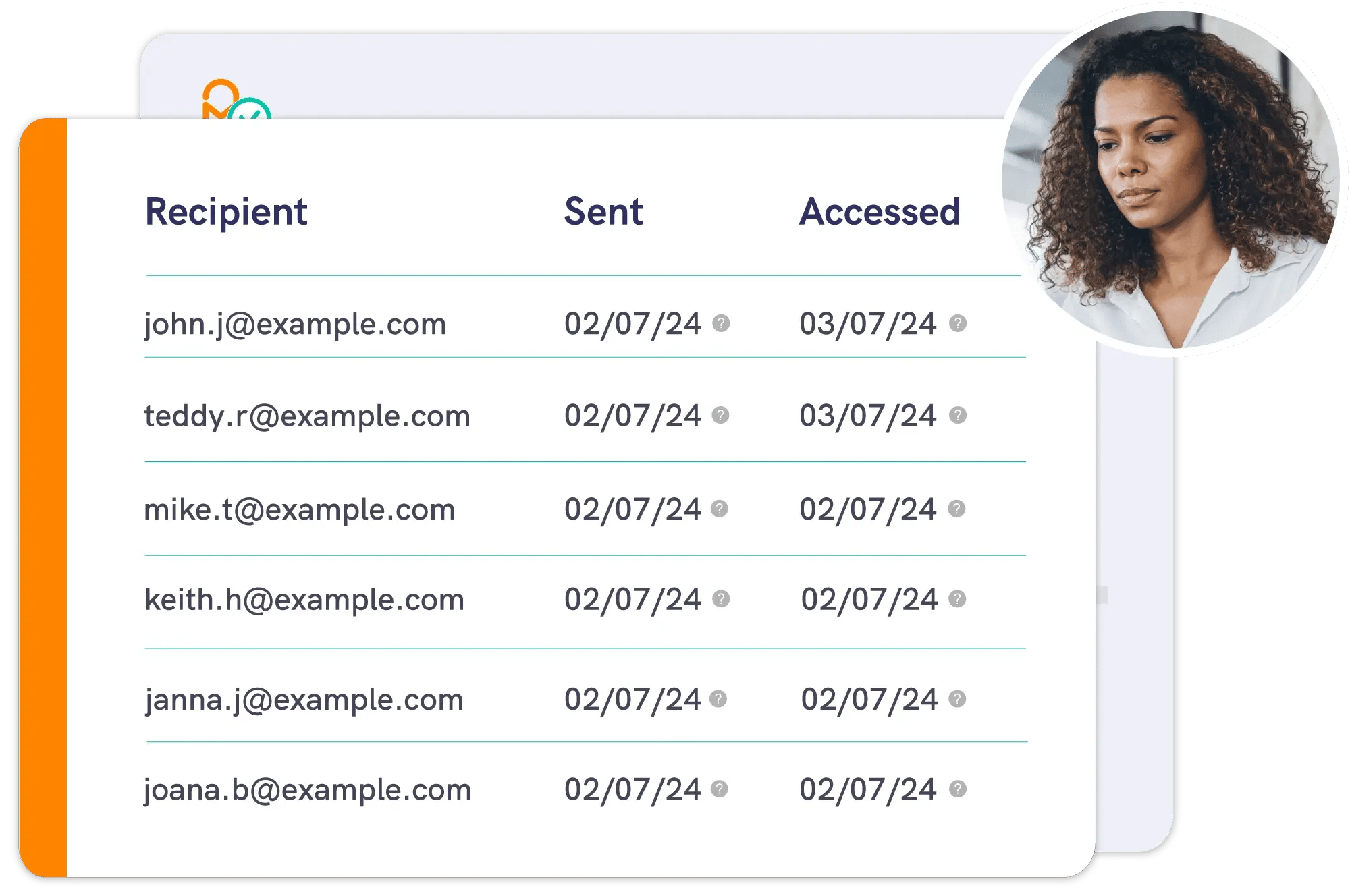 Mailock message tracking dashboard showing recipients, sent dates, and access status for secure email delivery and monitoring