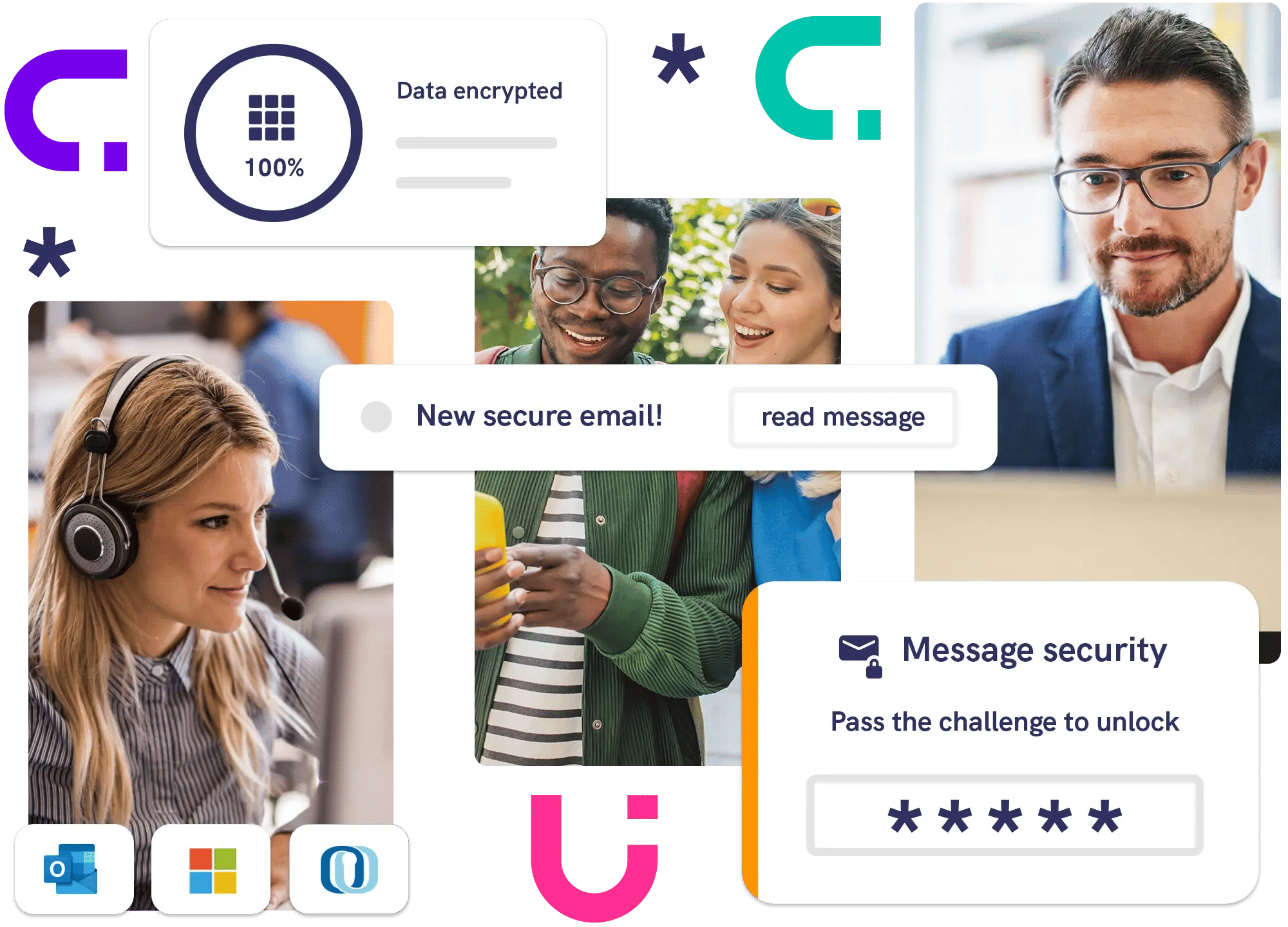 Mailock secure email experience showing encrypted message delivery, recipient authentication challenge, and users accessing protected communications across devices