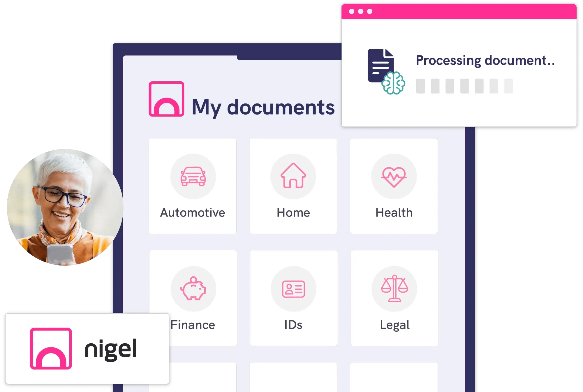 Nigel secure digital mailbox showing organised personal documents, including finance, health, and legal information, with document processing in progress