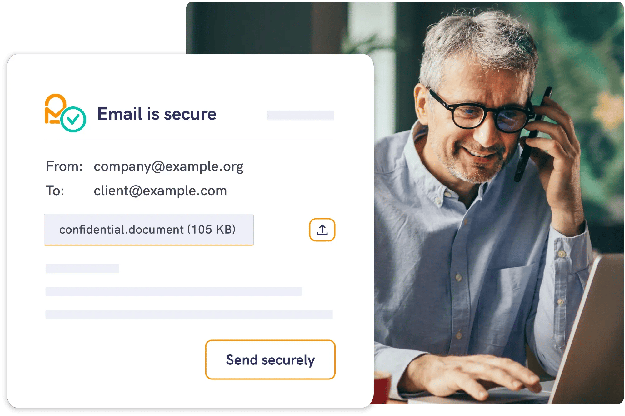 Male professional using Mailock Pro to send secure emails with encrypted attachments and built-in protection for sensitive information.