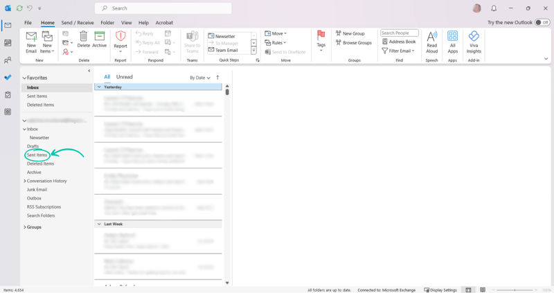 Classic Outlook recall step 1: open the email from Sent Items