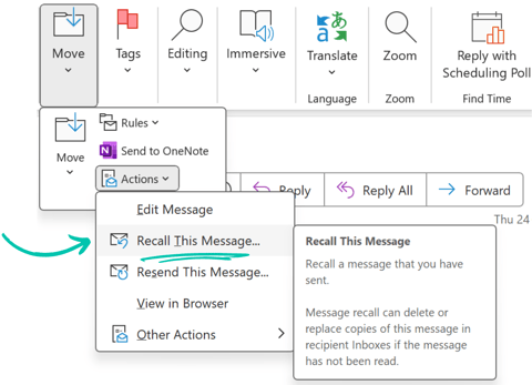 Classic Outlook recall step 2: choose Recall This Message from Actions