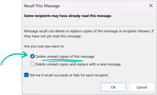 Classic Outlook recall step 3: choose whether to delete or replace the message