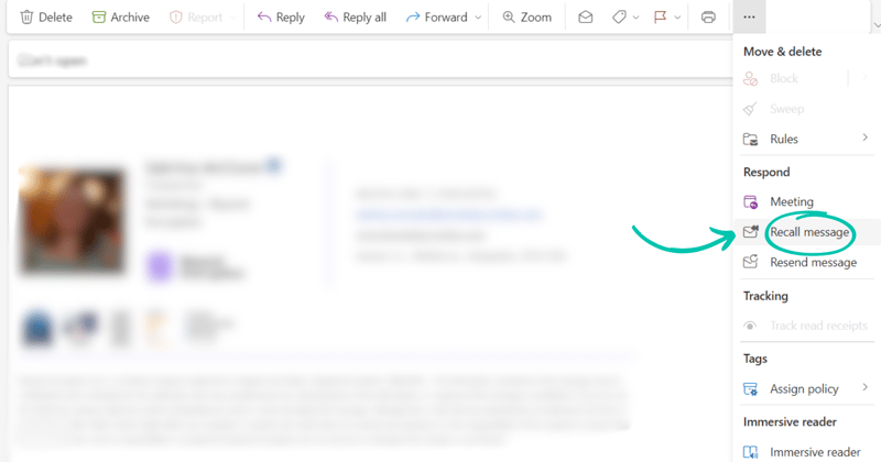 New Outlook recall step 2: select Recall Message