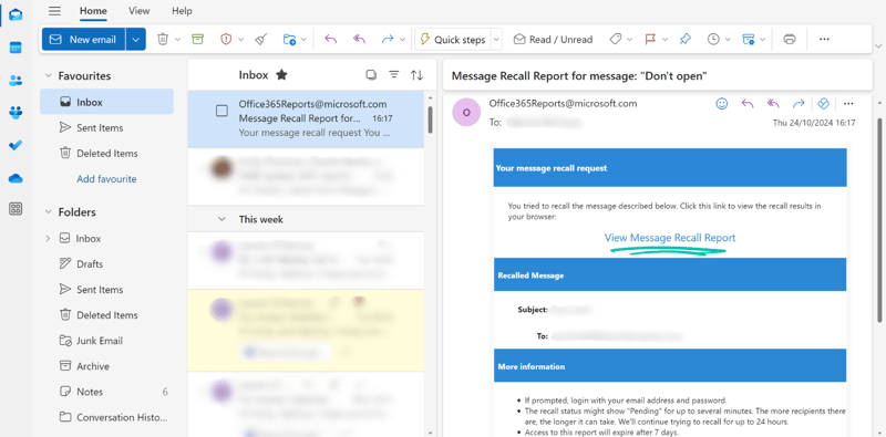 New Outlook recall step 4: view the Message Recall Report