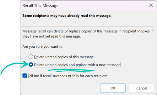 Classic Outlook option to delete unread copies and replace the message
