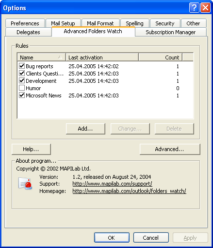 MAPILab Folder Guard screenshot MAPILab Folder Guard Outlook add-in screenshot showing folder protection settings