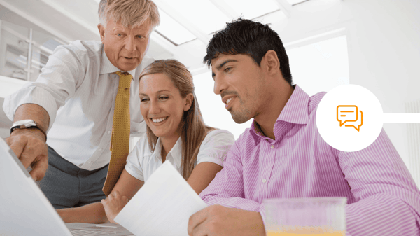 Three colleagues looking at a laptop together in an office, beside a message icon representing secure client communication