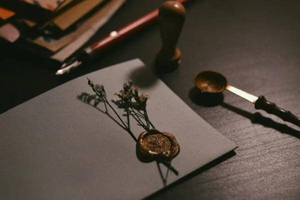 A letter sealed with wax on a desk beside a stamp and dried flowers