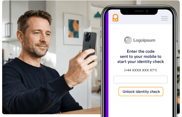 Man holding a smartphone next to a Mailock screen asking for the code sent to his mobile to start an identity check