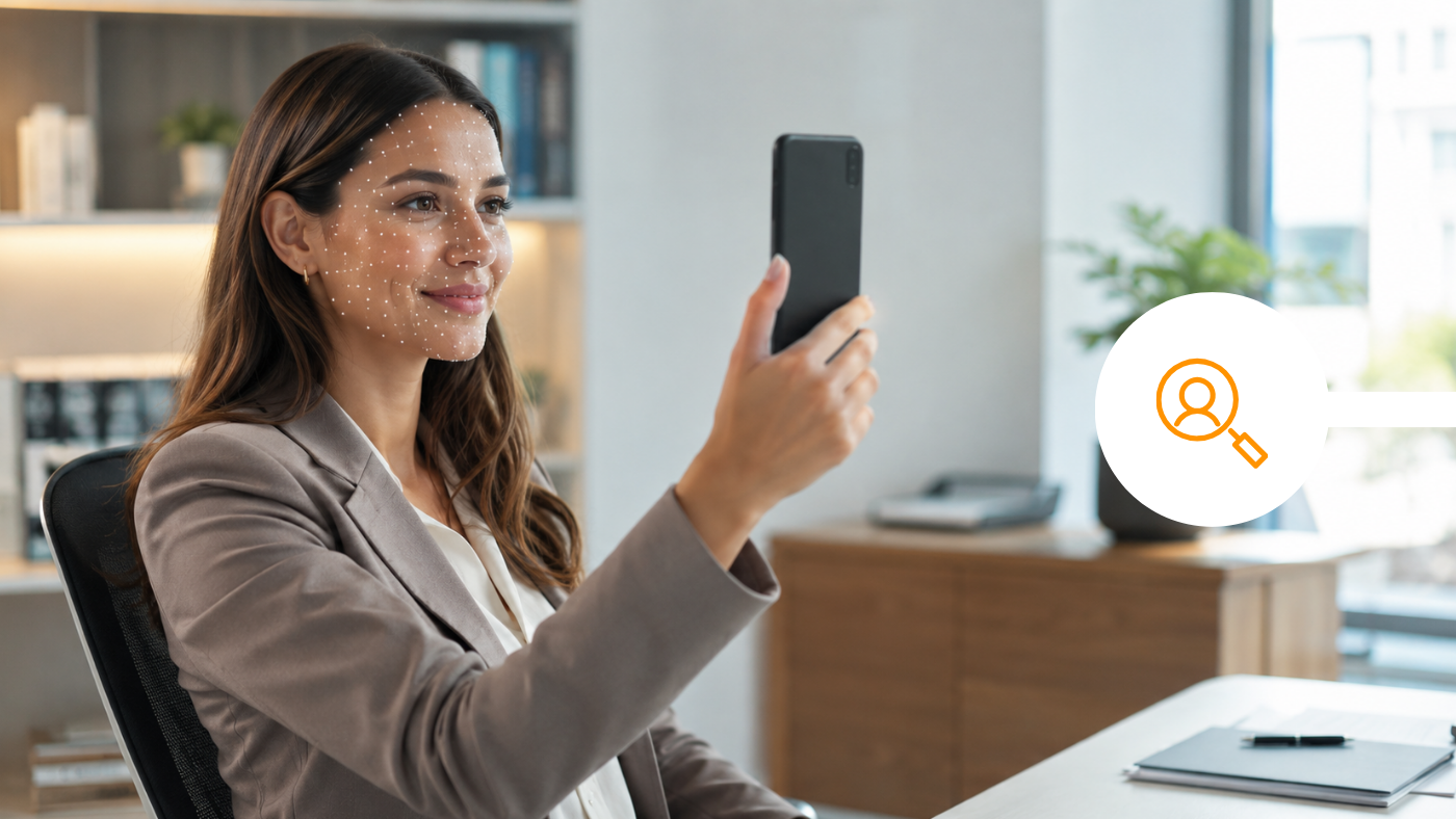 A woman in an office taking a selfie on her phone, with face-matching points shown across her face